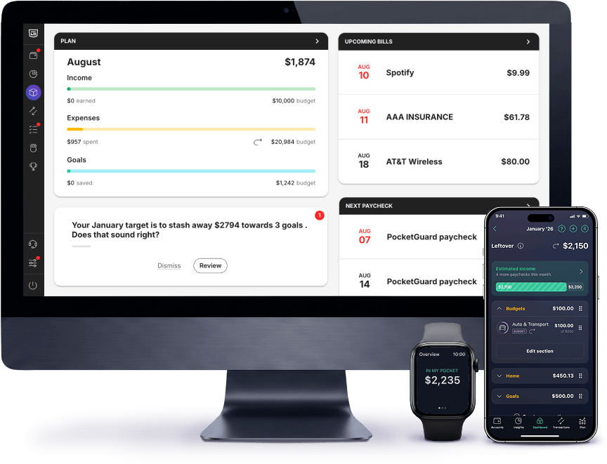 PocketGuard budgeting app is available on web, iOs, Apple Watch and Android