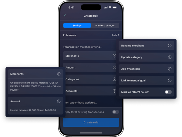 how to create transaction rules in PocketGuard app